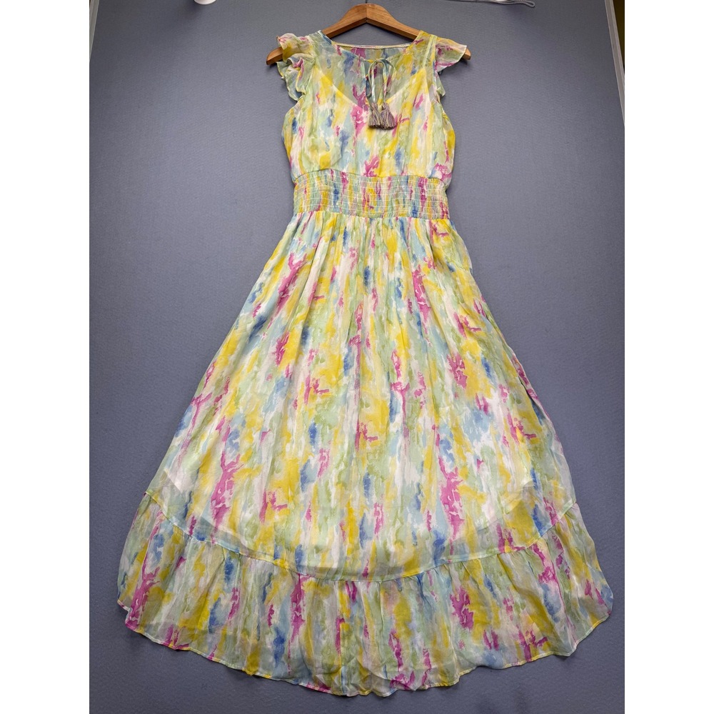 Anthropologie Watercolor Maxi‎ Dress Yellow Pink Blue Smocked Waist Size 4